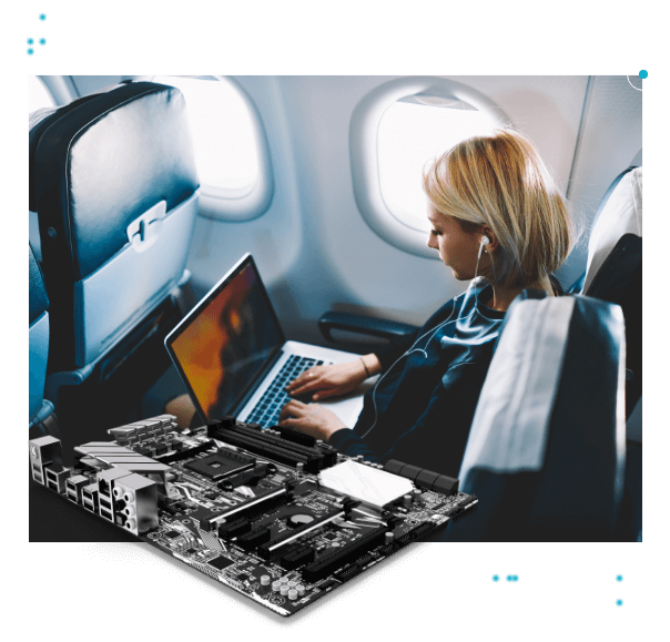 Woman using laptop on a plane and a circuitboard at bottom corner