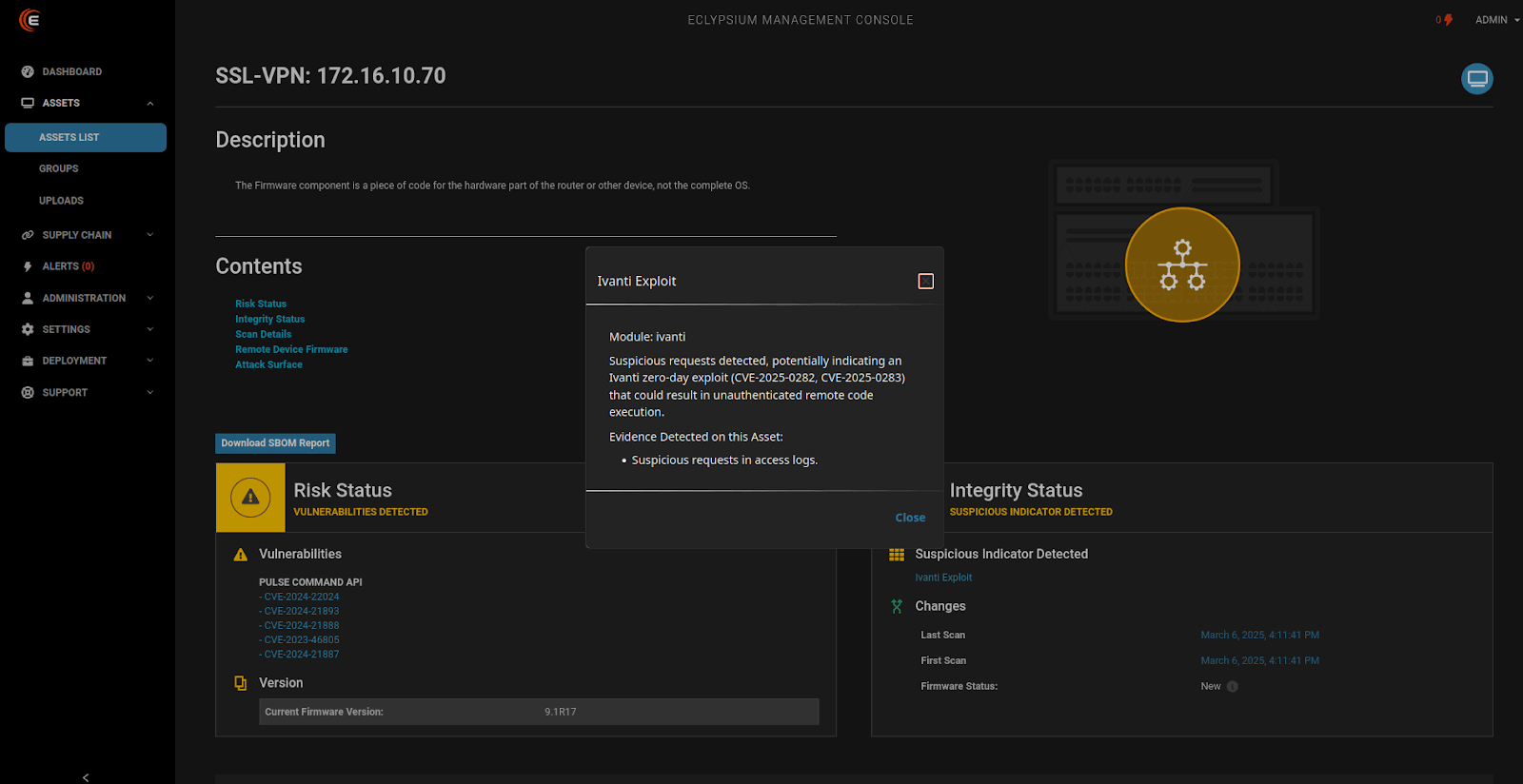 A screenshot of an Eclypsium threat detection of Ivanti CVE-2025-0282