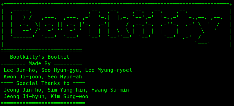 An image of the ASCII art splash screen inside the malicious Bootkitty bootloader.