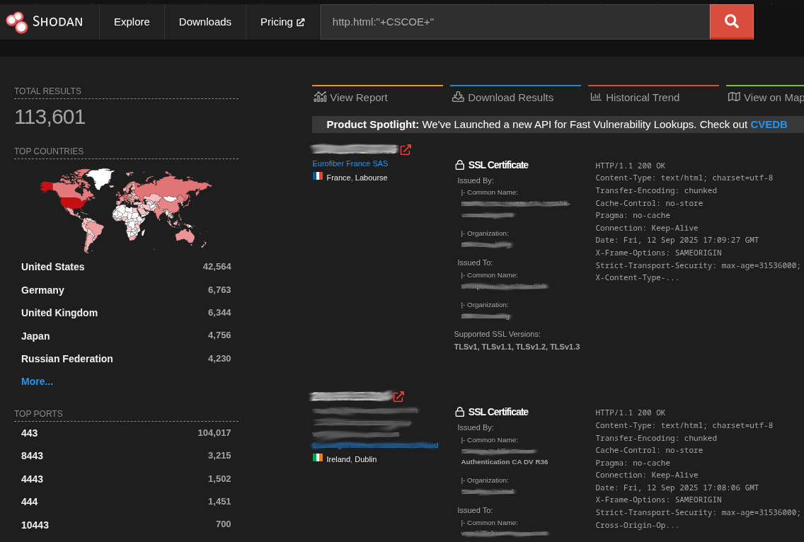 A map of exposed Cisco ASA devices from shodan.