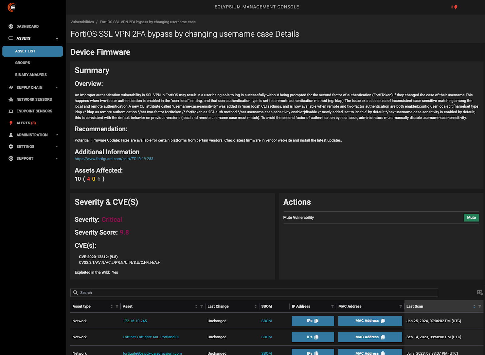 Screenshot of Eclypsium’s detection of Fortinet CVE-2020-12812