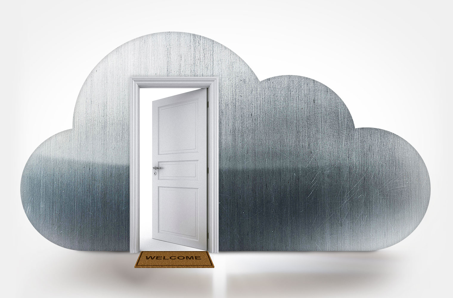 Metallic cloud with a door inside and a welcome mat
